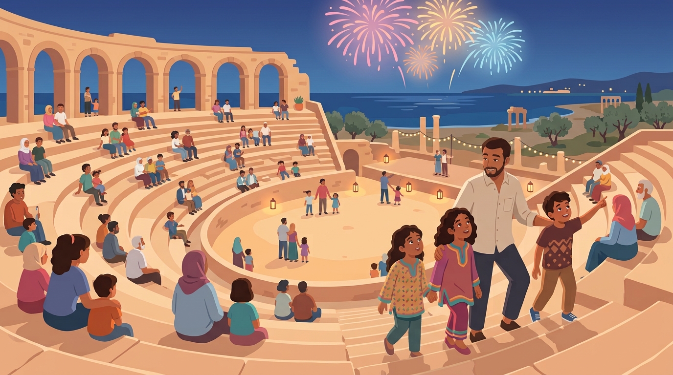 Le soir, un amphithéâtre romain au bord de la mer plein de familles ; les premiers feux d'artifice éclatent dans le ciel